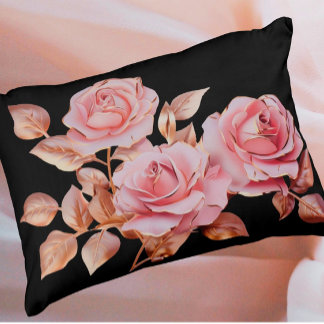 Peach Pink Gold Roses on Black Decorative Cushion