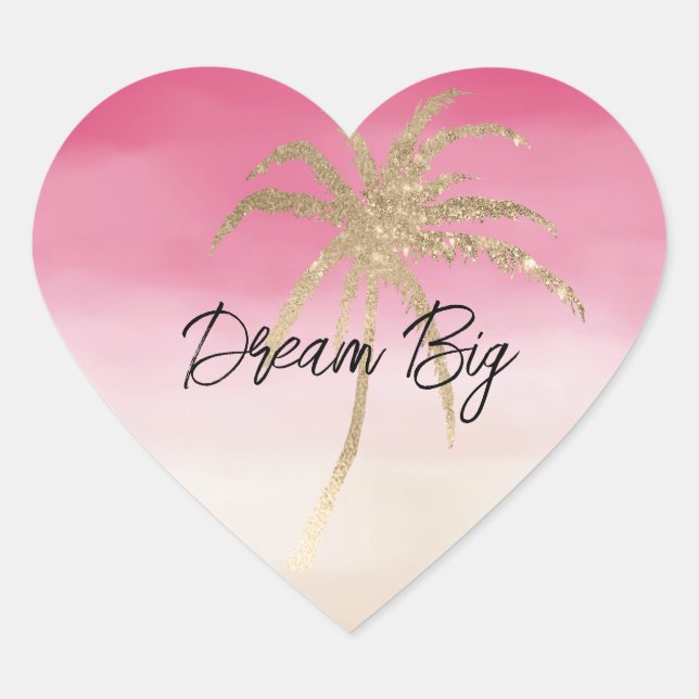 Peach Pink Gold Tropical Palm Tree Heart Sticker (Front)