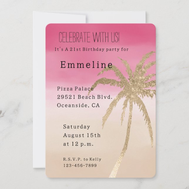 Peach Pink Gold Tropical Palm Tree Invitation (Front)
