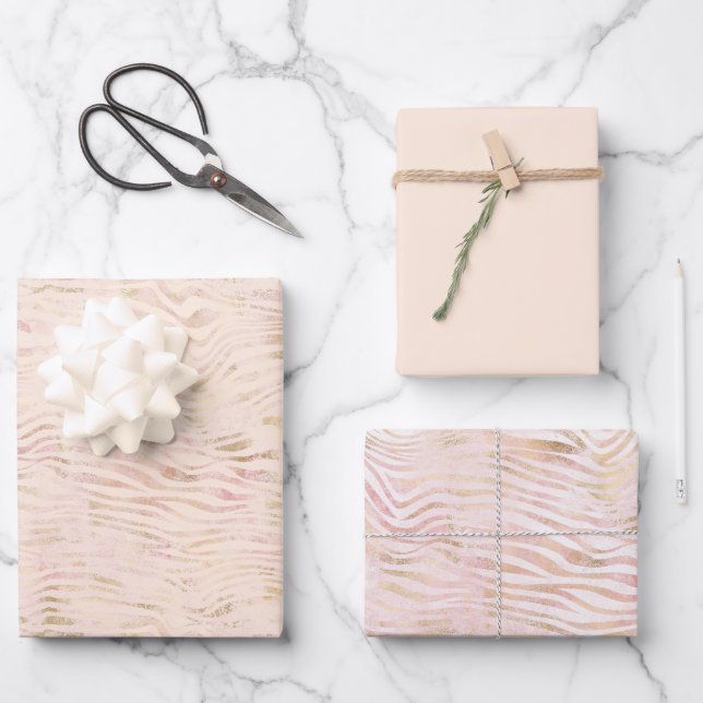 Peach Pink Gold Zebra Print        Wrapping Paper Sheet (Front)