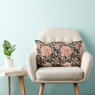 Peach Pink Greenery Black Background Floral Flower Lumbar Cushion