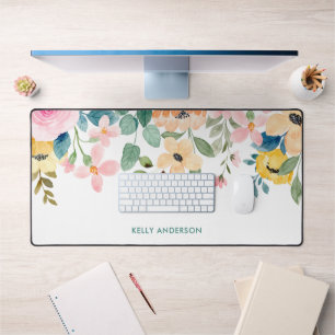 Peach Pink Grey Botanical Watercolor Floral Border Desk Mat