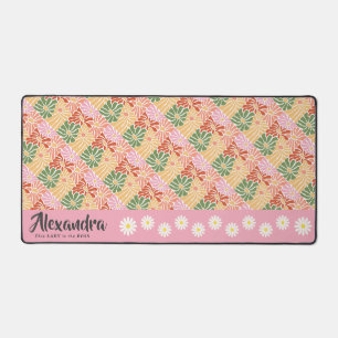 Peach Pink Groovy Floral Abstract Desk Mat