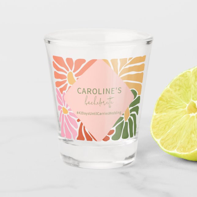 Peach Pink Groovy Floral Abstract  Shot Glass (Front)