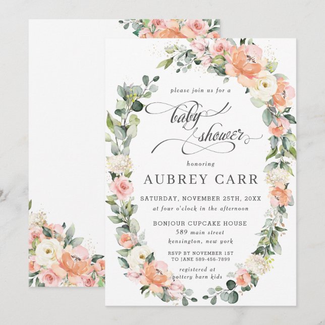 Peach Pink Ivory Floral Leafy Wreath Baby Shower Invitation (Front/Back)