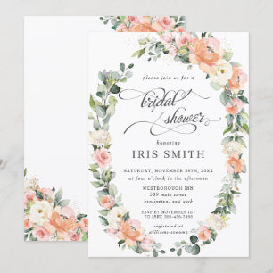 Peach Pink Ivory Floral Leafy Wreath Bridal Shower Invitation