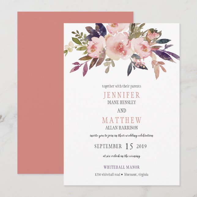 Peach Pink Lavender Purple Flowers Wedding | Invitation (Front/Back)