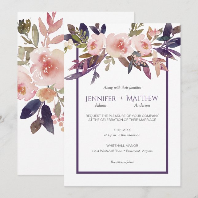 Peach Pink Lavender Watercolor Flowers Invitations (Front/Back)