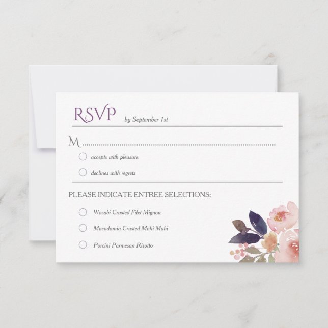 Peach Pink Lavender Watercolor Wedding RSVPs RSVP Card (Front)