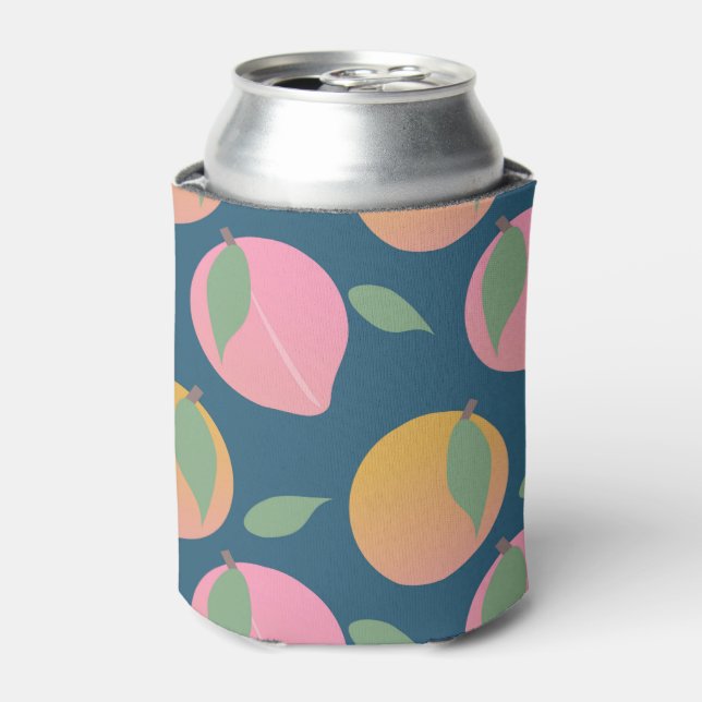Peach Pink Orange Fruit Pattern Navy Can Cooler (Can Front)