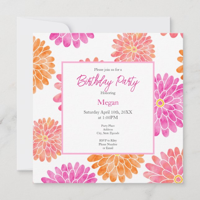 Peach Pink Orange Watercolor Zinnia Pattern Invitation (Front)