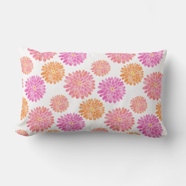 Peach Pink Orange Watercolor Zinnia Pattern Lumbar Cushion (Front)