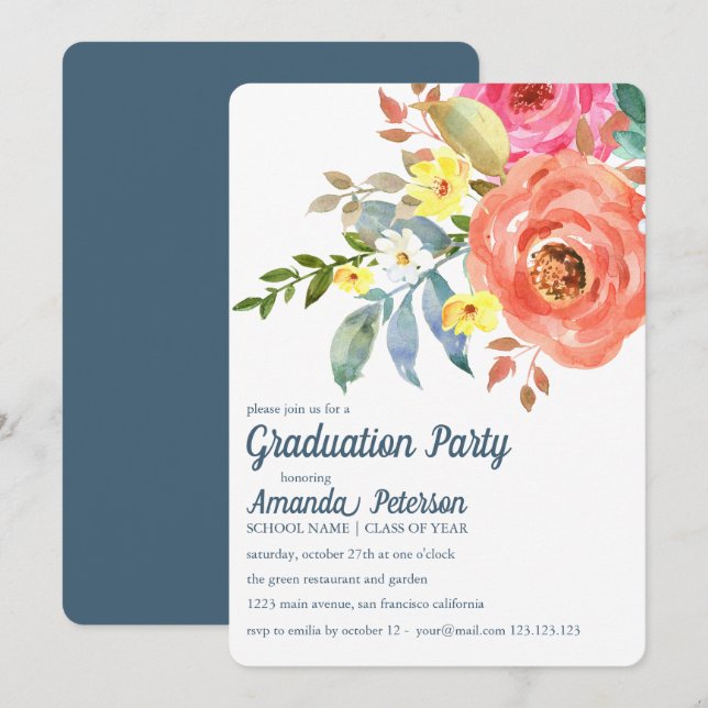 Peach  Pink Peonies Blue Graduation Invitation (Front/Back)