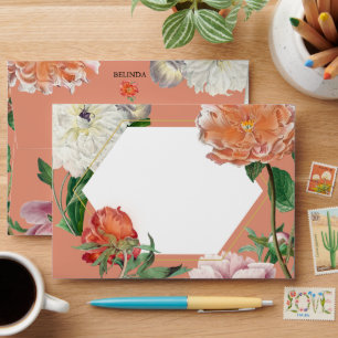 Peach Pink Peonies Flowers Wedding 5x7  Envelope