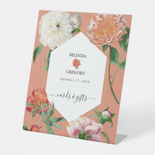 Peach Pink Peonies Flowers Wedding Cards Gifts Pedestal Sign (Front)