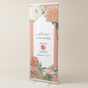 Peach Pink Peonies Flowers Wedding Welcome Retractable Banner