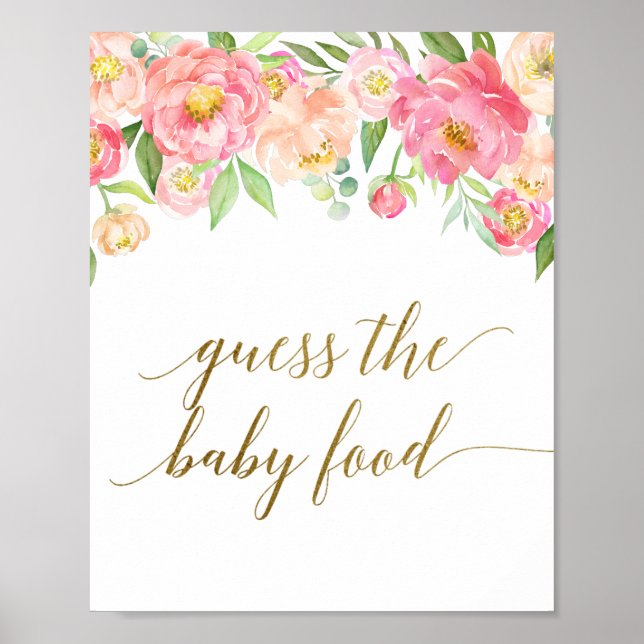Peach & Pink Peony Flower Guess the Baby Food Sign (Front)