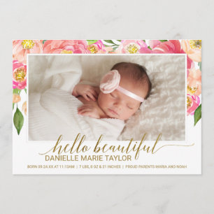 Peach & Pink Peony Flower Photo Birth Announcement
