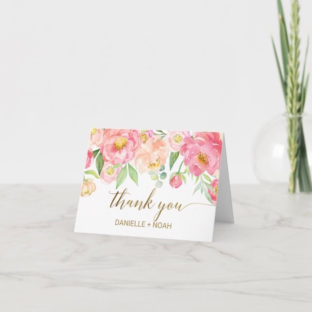 Peach & Pink Peony Flowers Wedding Thank You Card (Front)