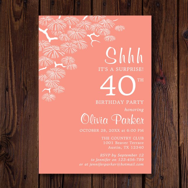 Peach Pink Pine Branch Surprise 40th Birthday Invitation (Creator Uploaded)