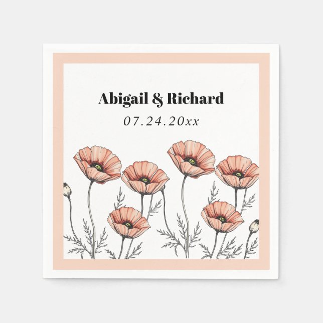 Peach pink poppies wildflowers floral wedding napkin (Front)