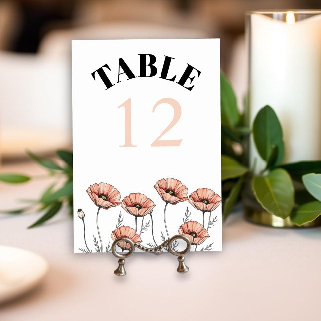 Peach pink poppies wildflowers floral wedding table number (Creator Uploaded)