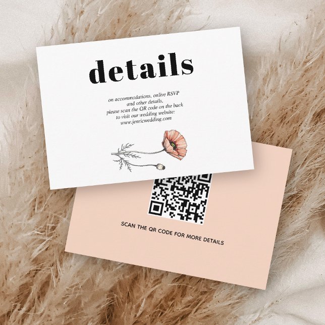 Peach pink poppy flowers QR wedding details Enclosure Card (Creator Uploaded)