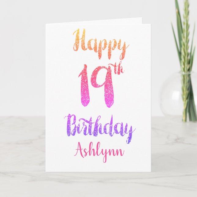 Peach Pink Purple Glitter 19th Birthday Card (Front)