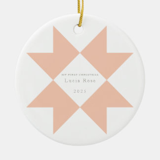 Peach Pink Quilt Star My First Christmas Ceramic Tree Decoration