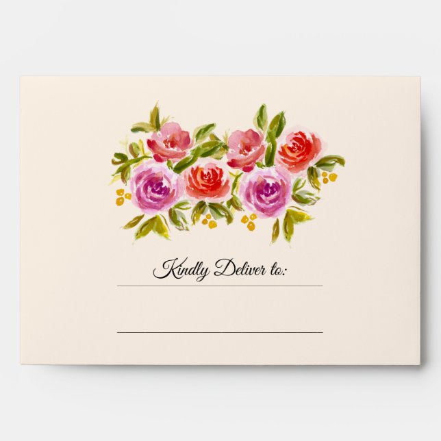 Peach Pink Red Watercolor Floral Wedding Envelope (Front)
