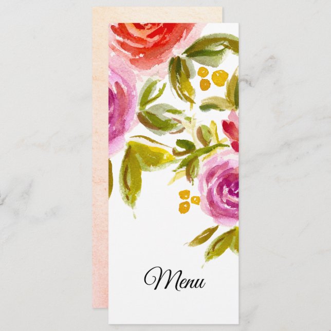 Peach Pink Red Watercolor Floral Wedding Menu Card (Front/Back)