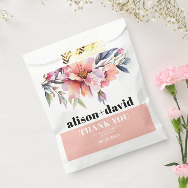 Peach pink rhododendron, bold typography wedding favour bags (Sealed)