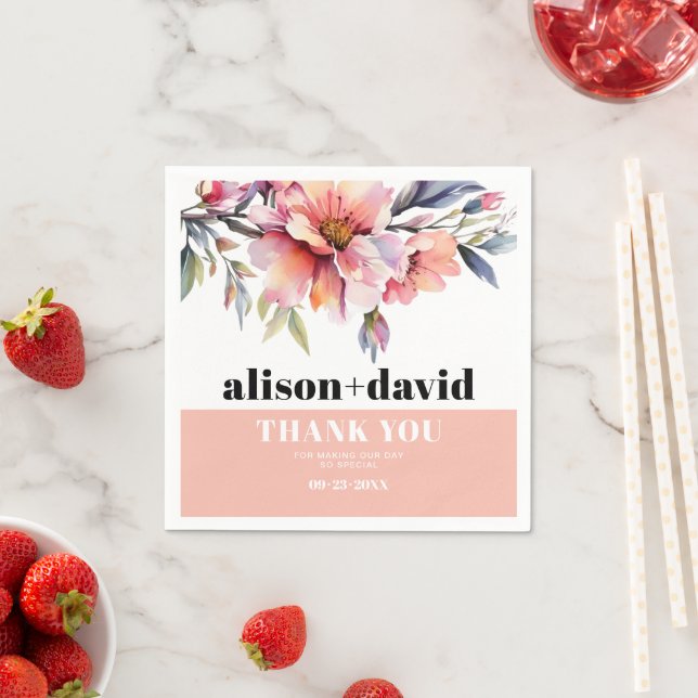 Peach-pink rhododendron flowers typography wedding napkin (Insitu)