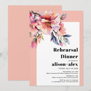 Peach-pink rhododendron wedding rehearsal dinner invitation