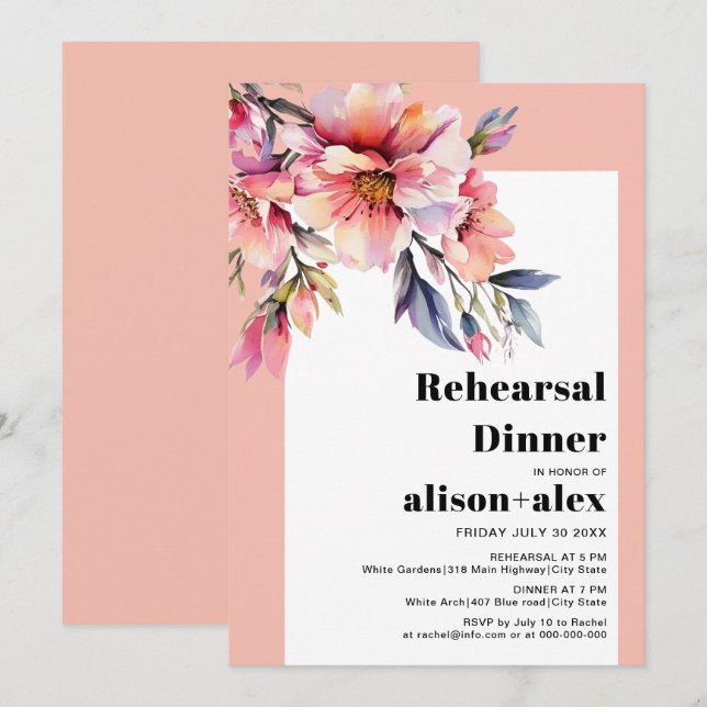 Peach-pink rhododendron wedding rehearsal dinner invitation (Front/Back)