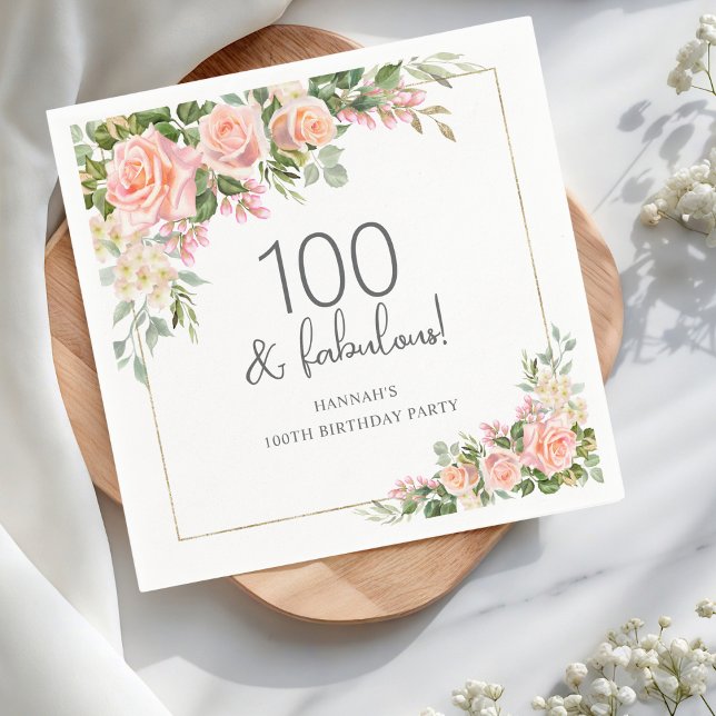 Peach Pink Rose Floral 100th Birthday  Napkin (Creator Uploaded)
