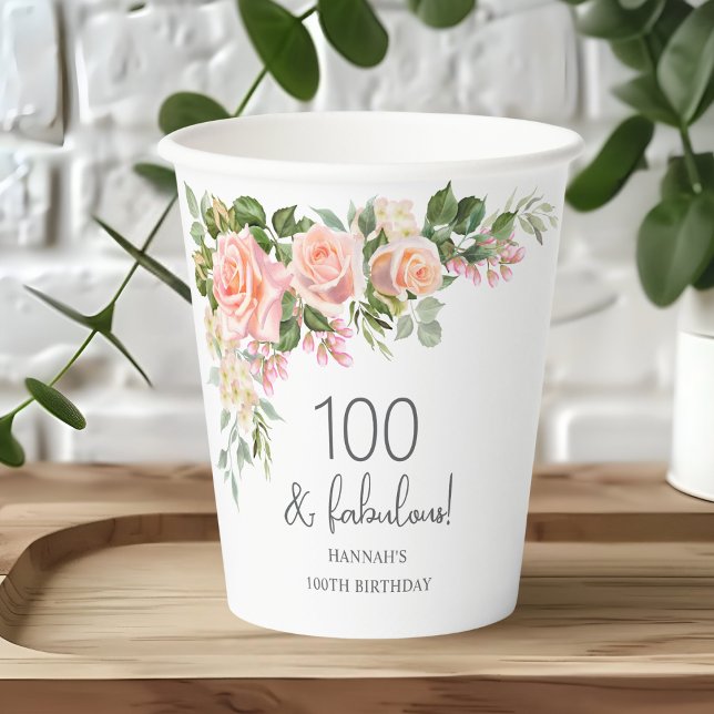 Peach Pink Rose Floral 100th Birthday  Paper Cups (Creator Uploaded)
