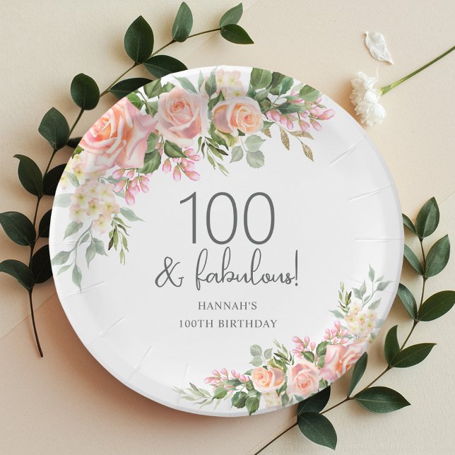 Peach Pink Rose Floral 100th Birthday  Paper Plate (Creator Uploaded)