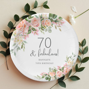 Peach Pink Rose Floral 70th Birthday Paper Plate
