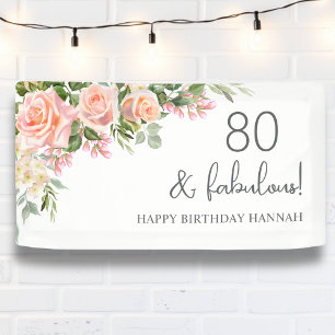 Peach   Pink Rose Floral 80th Birthday  Banner