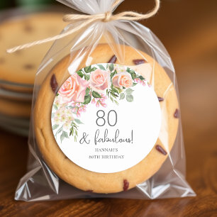 Peach Pink Rose Floral 80th Birthday  Classic Round Sticker