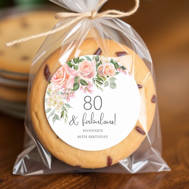 Peach Pink Rose Floral 80th Birthday  Classic Round Sticker (Creator Uploaded)
