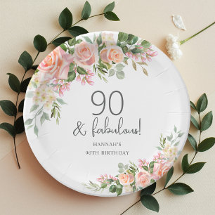 Peach Pink Rose Floral 90th Birthday  Paper Plate