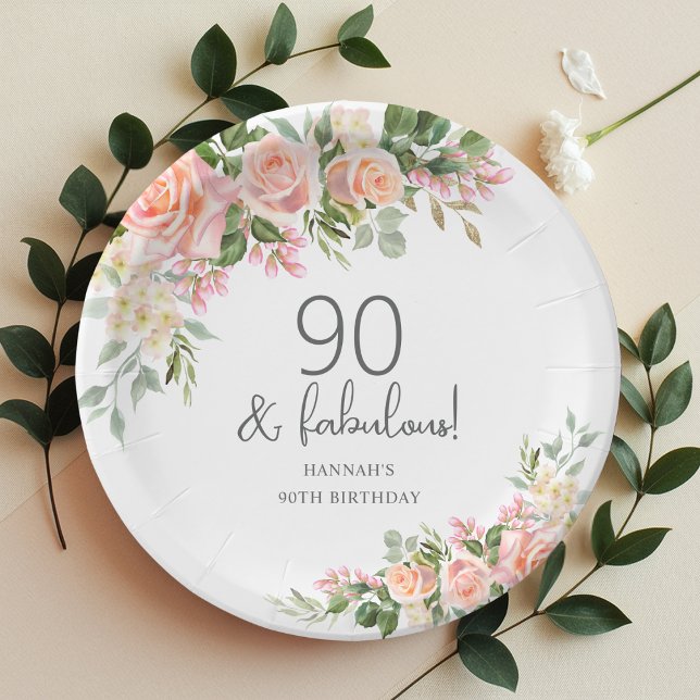 Peach Pink Rose Floral 90th Birthday  Paper Plate (Creator Uploaded)