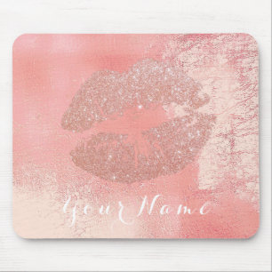 Peach Pink Rose Metallic Name Makeup Lips Kiss Mouse Mat