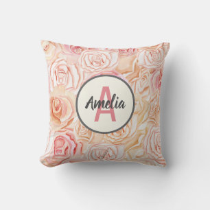 Peach & Pink Rose Watercolor Personalised Monogram Cushion