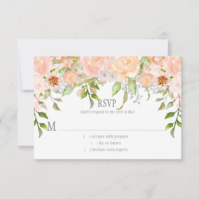 Peach Pink Roses Greenery Waterfall RSVP (Front)