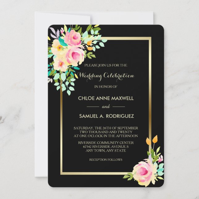 Peach Pink Roses on Black Wedding Invitation (Front)