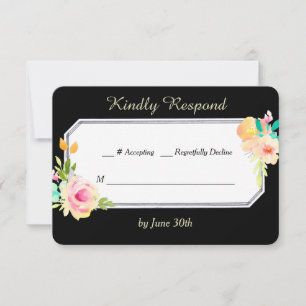 Peach Pink Roses on Black Wedding RSVP