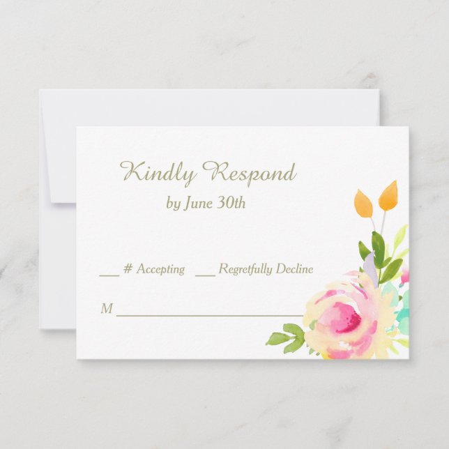Peach Pink Roses on White Wedding RSVP (Front)